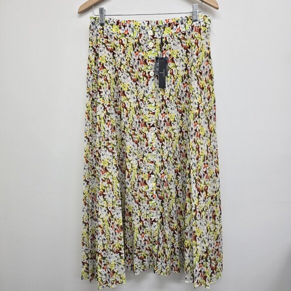 NWT Tahari Long Pleated Maxi Skirt Size 12 Citron Floral Buttons Lined Pleated - Picture 1 of 11